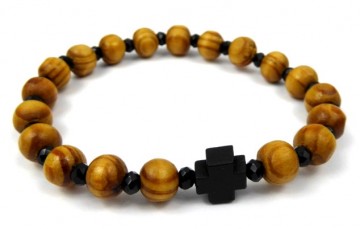 Klosterlaget armbånd med oliventre perler og kors (B)