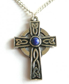 Keltisk tinn kors m/ blå edelsten