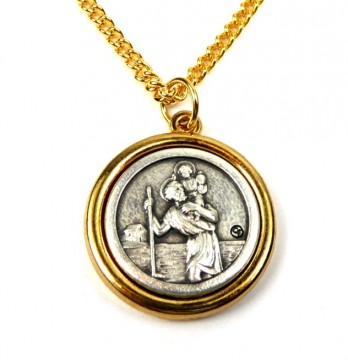 Fin detaljerik St Christopher medaljong med sølv og gullforgylt zama metall.