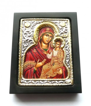 Vakker liten tradisjonell Madonna med Barnet ikon med innfelt sterling sølv.